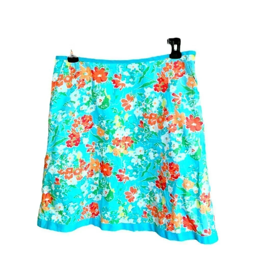 L.L. Bean Favorite Fit Straight Skirt Bright Aqua Floral Summery Size 12